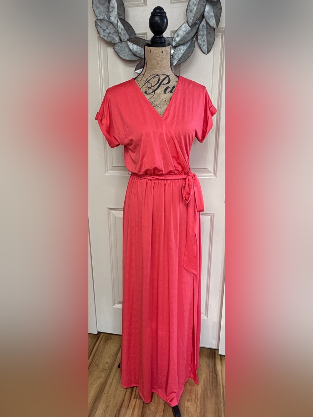 227: Dress Day 227: Coral Pink V-Neck Tie-Waist Maxi Dress - Medium